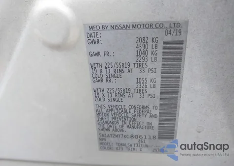 2019 Nissan Rogue Sl z USA, uszkodzony, nr VIN 5N1AT2MT7KC806118